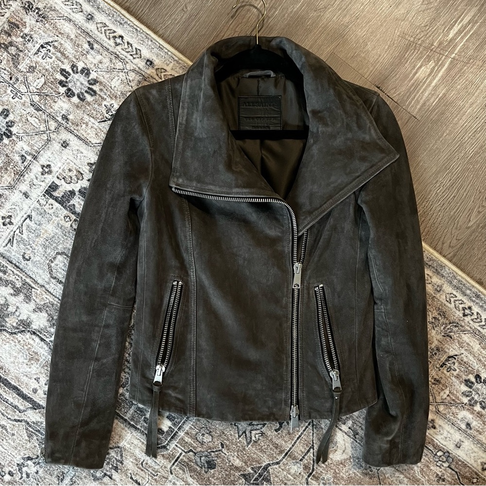 All saints Suede Ellis Leather Biker Jacket slate grey size 2 - Picture 6 of 11